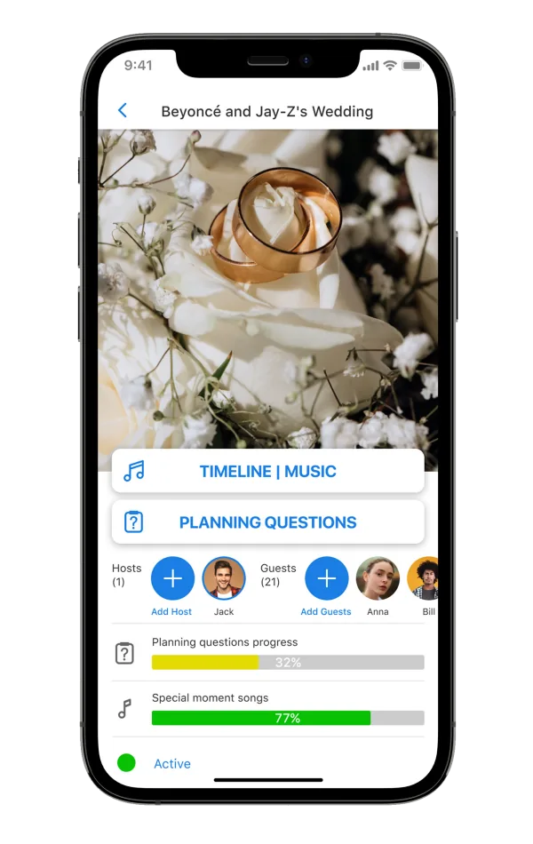Planning app showing a wedding music timeline and planning questions