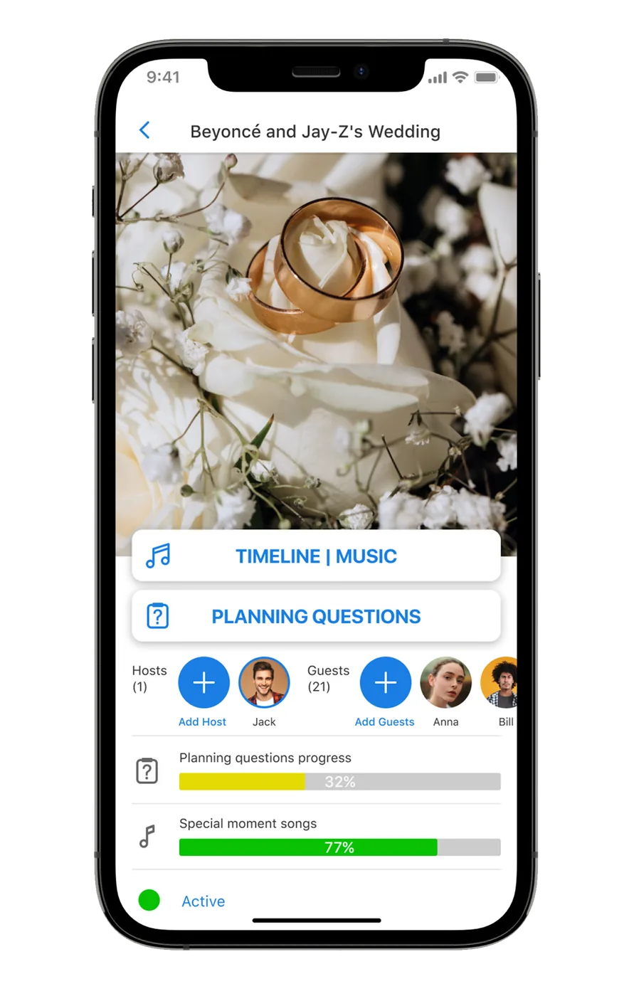 Planning app showing a wedding music timeline and planning questions
