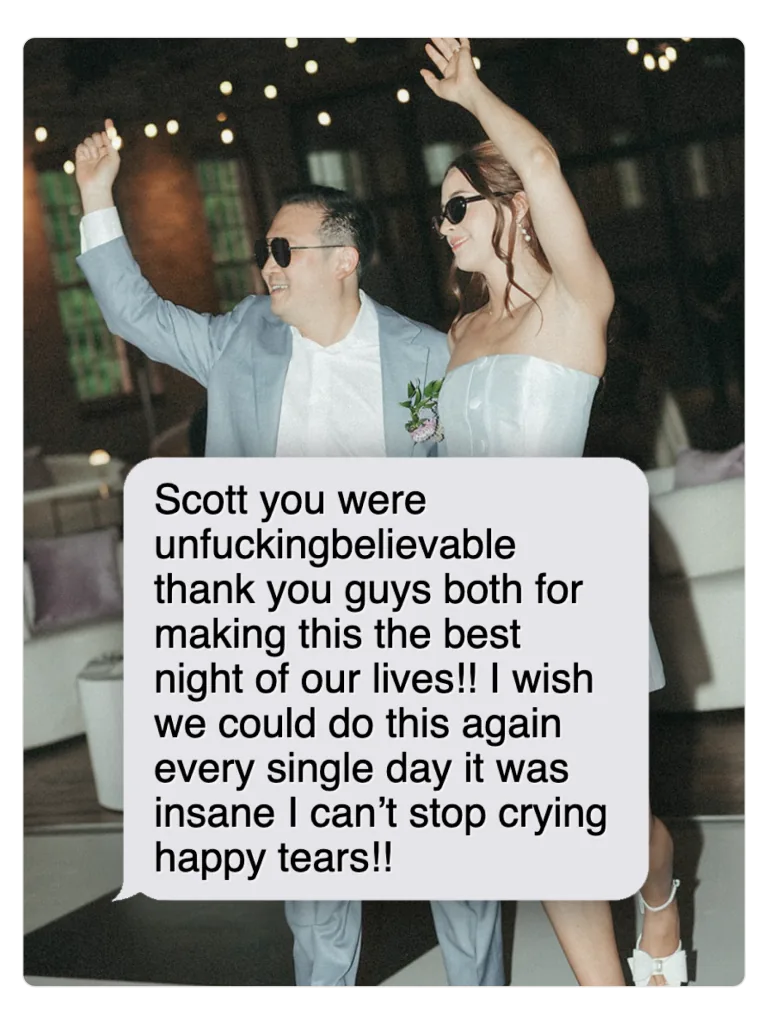 Text message from a couple thanking Scott for "the best night of our lives"