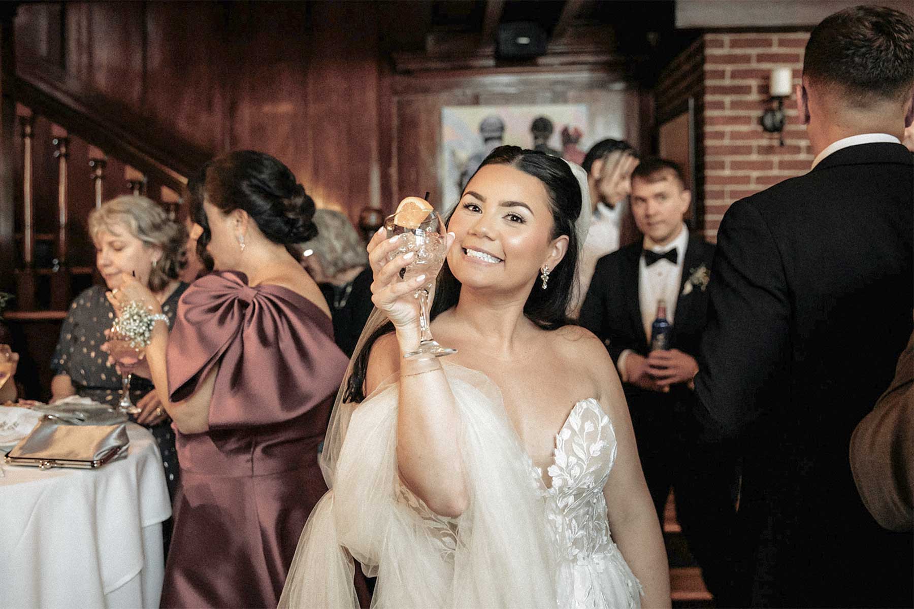 Wedding Cocktail Hour | VARA DJs | amanda.andrew.the.lodge Bride enjoying cocktail hour with guests before an unforgettable wedding reception featuring professional DJ and MC services by VARA DJs.