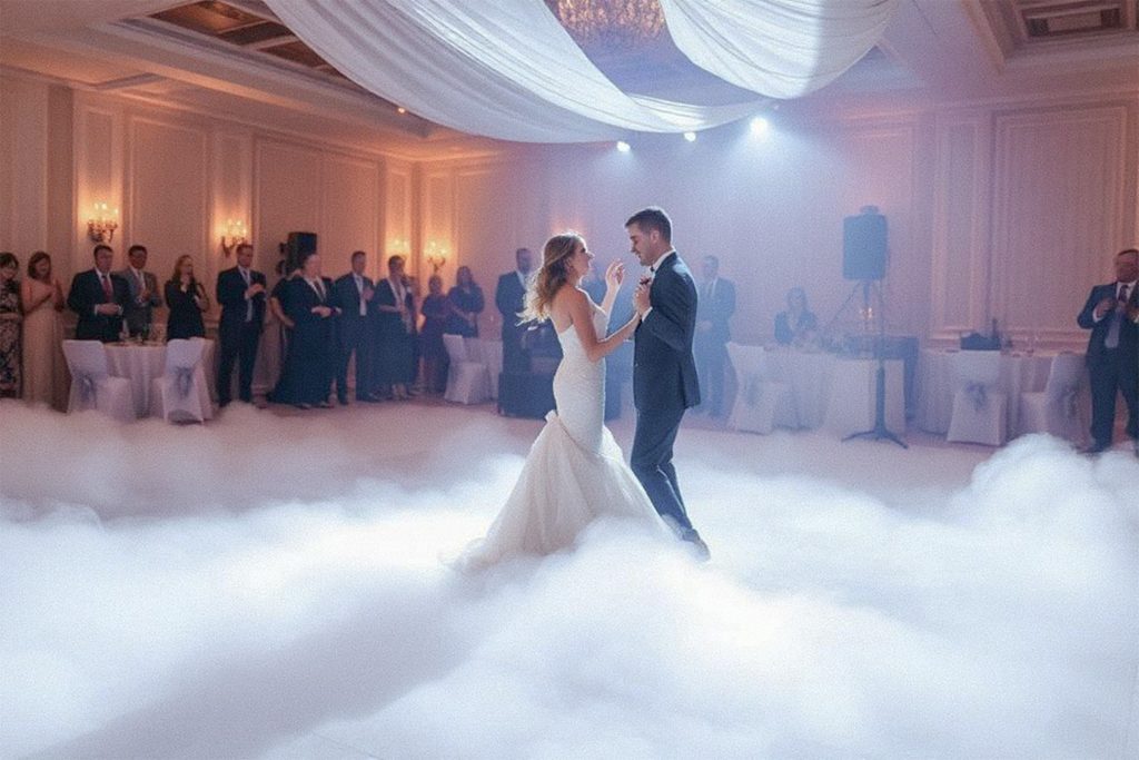 A bride and groom enjoy their first dance on a low-lying cloud effect, one of the premium wedding enhancements offered by VARA DJs.